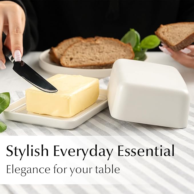 MIAMIO - Ceramic Butter Dish with Lid for Countertop, Holds 2 Sticks of Butter/Butter Holder and Container with Ceramic Lid, Butter Dish for Refrigerator (White)