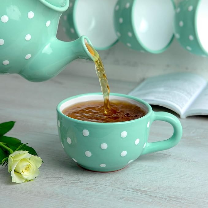 City to Cottage Handmade Ceramic Designer Teal Blue and White Polka Dot Cup, Unique Extra Large 17.5oz/500ml Pottery Cappuccino, Coffee, Tea, Soup Mug | Housewarming Gift for Tea Lovers
