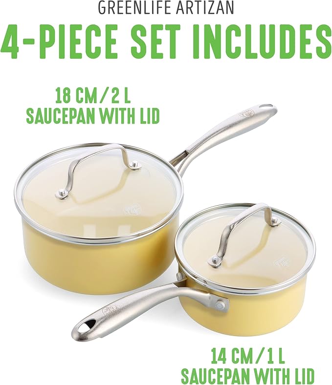 GreenLife Artisan Healthy Ceramic Nonstick, 1QT and 2QT Saucepan Pot Set with Lids, Stainless Steel Handle, Induction, PFAS-Free, Dishwasher Safe, Oven Safe, Yellow