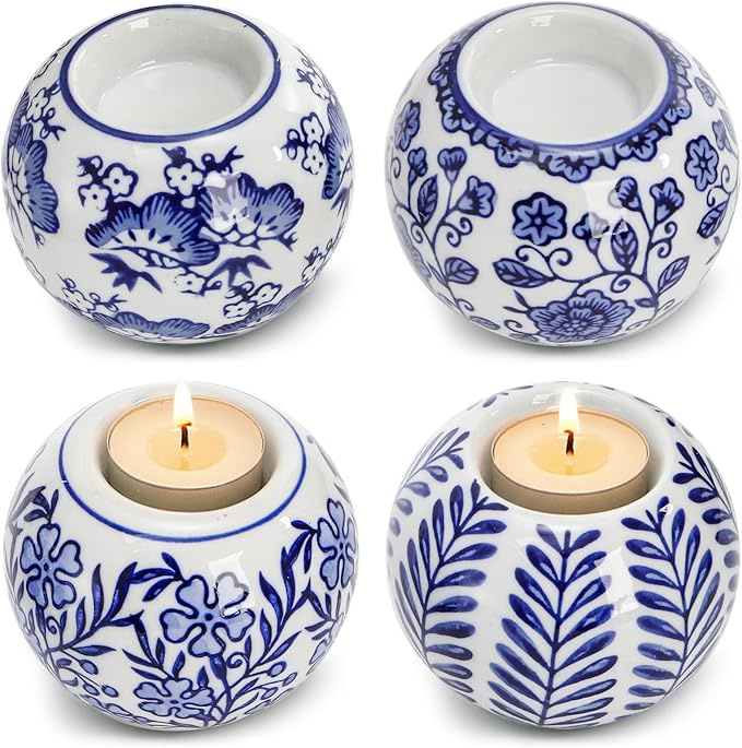 Okllen Set of 4 Blue and White Decor Ceramic Tealight Holders, Chinoiserie Decor Votive Candle Holders for Wedding Party Centerpiece, Holiday Home Table Decor, 1.8" Dx2.75 H