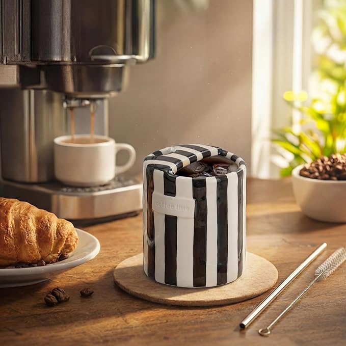 1 Pack Ceramic Coffee Mug with Sip Hole Espresso Cup 10oz with Straws Retro Hand Painted Striped Porcelain Coffee Tea Cup Cappuccino Latte Mug for Kitchen Dining Travel (Black)