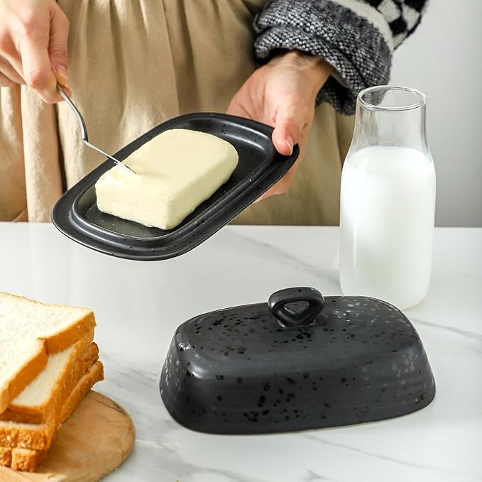 Hansense Porcelain Butter Dish with Lid for Countertop, Ceramic Butter Keeper with Handle Cover, Butter Holder Container Perfect for East and West Coast Butter, Dishwahser Safe, Dark