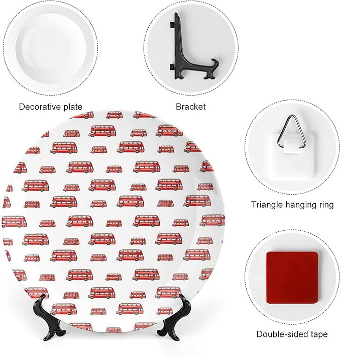 XISUNYA 7 Inch Decorative Plate, London Dinner Plate, Funny Cute Kids Toy Double Decker Bus Cartoon Print Ceramic Wall Hanging for Fine Dining Upscale Events, Dinner Parties, Weddings, Catering