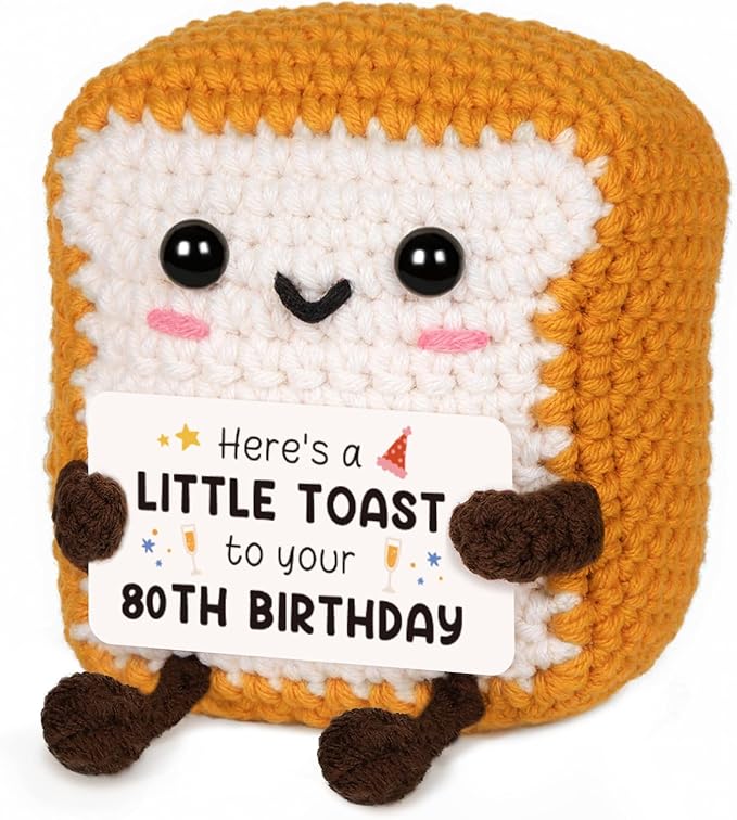 80th Birthday Gifts for Women Men, Positive Handmade Crochet Toast Gift, Happy 80 Year Old Birthday Decorations, Eighty Gift for Mom Dad Grandparents Friend Sister Wife Husband