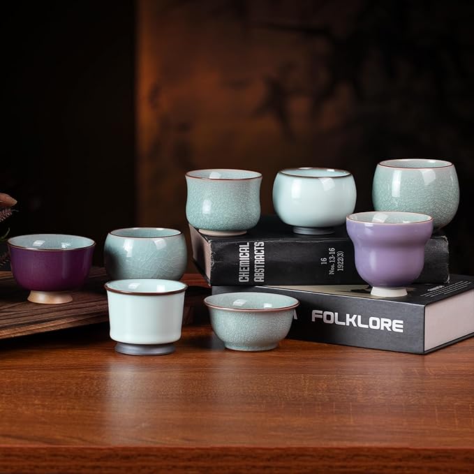 Tea Cup Set of 2 Porcelain Small Tea Cups 5oz Japanese Tea Cup Set, Asian Handmade Ceramic Teacups for Home, Party, Office, Chinese Kung Fu Tea Set for Hot/Cold Drink（Egg-Ice Crackle Glaze Pattern）