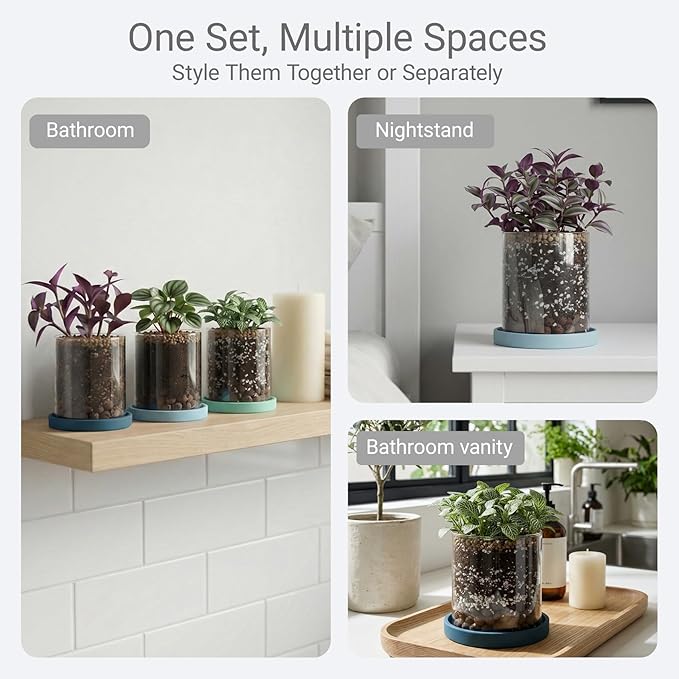 3-Pack 4 Inch Clear Glass Plant Pots with Drainage and Ceramic Trays, Indoor Herb Planters for Home Office, Succulents & Small Plants (Blue 3 Shades)