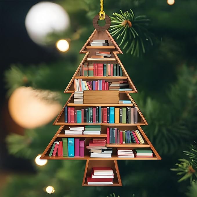 NGHYANA Wooden Christmas Tree Bookshelf Ornament 4 Inch Book Lover Holiday Decoration