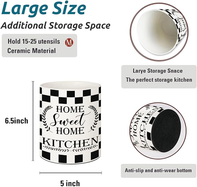 Checkered Kitchen Decor, 6.5inch Ceramic Utensil Holder with Checkered Design, Rustic-Style Indoor Kitchen Utensil Storage Rack, Ideal for Spoon Storage and Cooking Tools, Gift for Kitchen Organizers