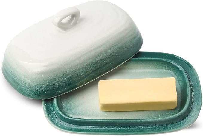Hasense Butter Dish with Lid, Ceramic Butter Dish with Cover for Countertop, Porcelain Butter Keeper Holder with Handle Design for East West Coast Butter, Butter Tray with Lid for Fridge, Green