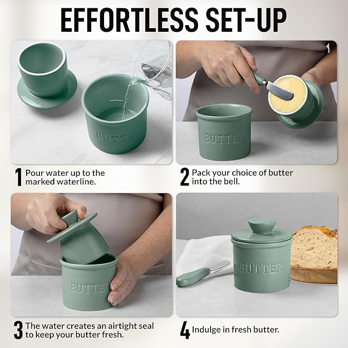 Zulay Kitchen Bell Shaped Butter Crock with Lid for Countertop with Water Line & Spreader Knife, Ceramic French Butter Dish Keeper For Fresh, Soft & Spreadable Butter - Deep Sea