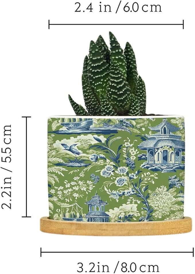 Planters Ceramic Turquoise Green Chinoiserie Floral and Bird Pots With Drainage Holes - Round Flowerpot With Bamboo Tray for Succulent and Little Snake Plants - Gift for Nana Grandma