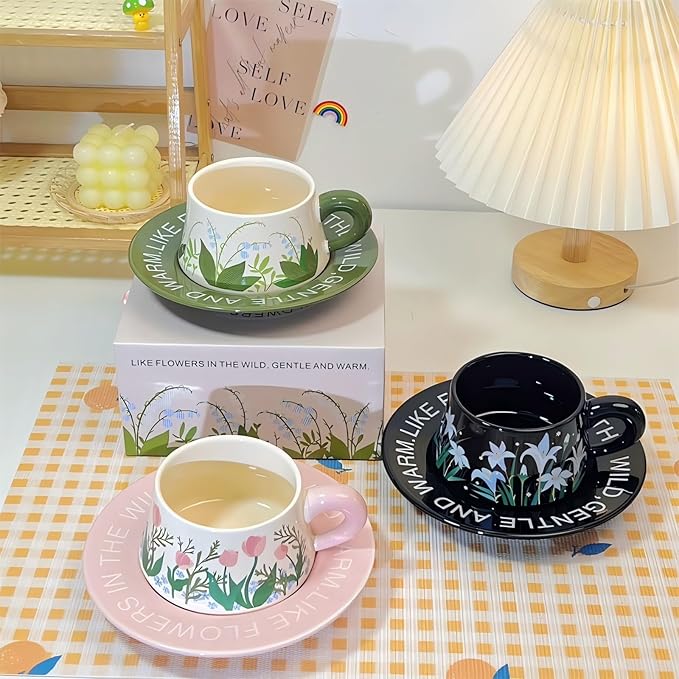 Cute Ceramic Coffee Mug and Saucer Set for Women, Spring Floral Embossed Design, 9.5oz/280ml, Perfect for Home, Office & Holiday Gifts (Pink Tulip)