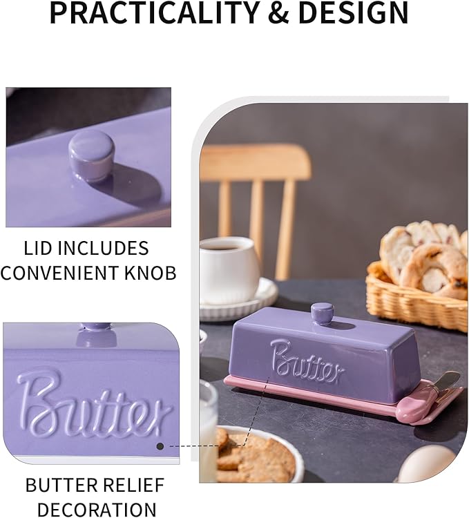 TEATALK Ceramic Butter Dish with Lid and Knife - Large Butter Holder, Farmhouse Style, 8-Inch Porcelain Butter Keeper with Scraper Edge, Purple & Pink
