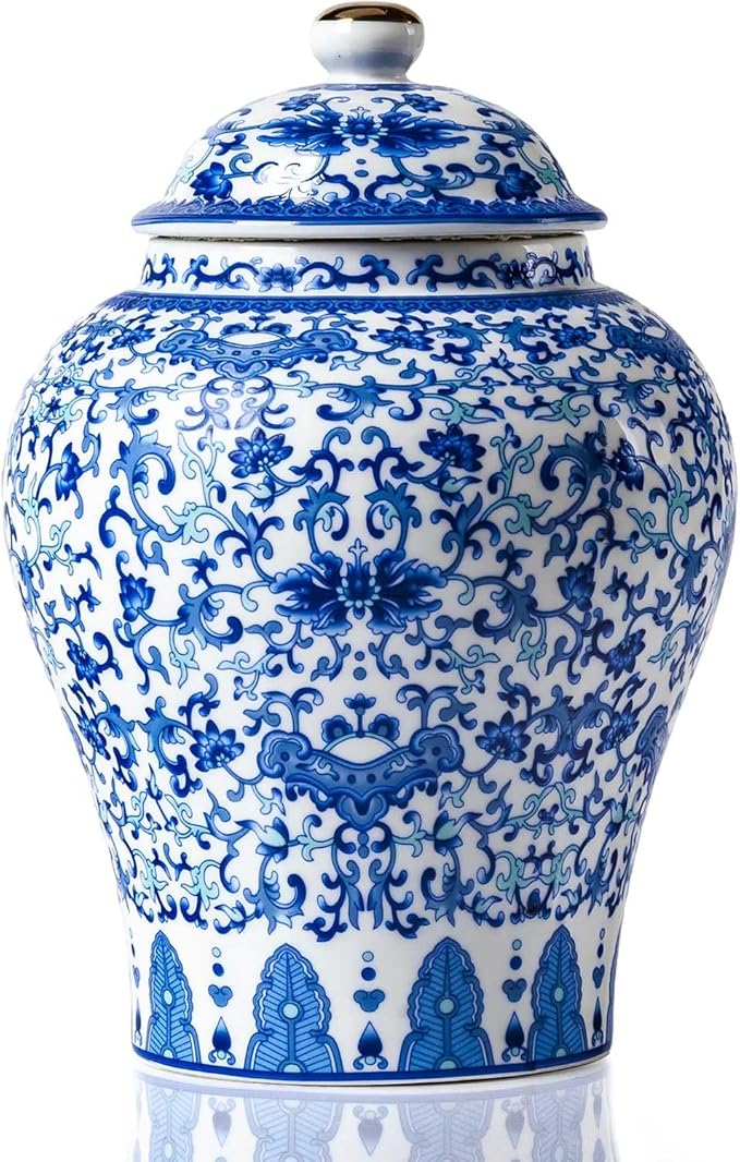 Qinlang Small Ceramic Ginger Jar for Home Decor, Ginger Jar Vase with Lid, Blue and White Lotus Pattern