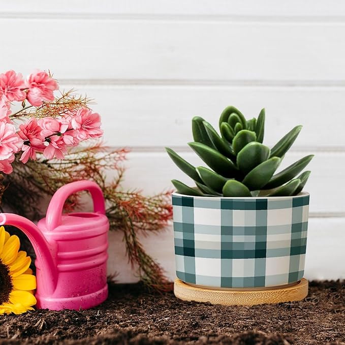 Sage Green Buffalo Plaid Ceramic Planters Green Buffalo Check Snake Plant Live Indoor with Pot with Drainage Holes and Saucers Pot for Pots Outdoor Indoor Plants