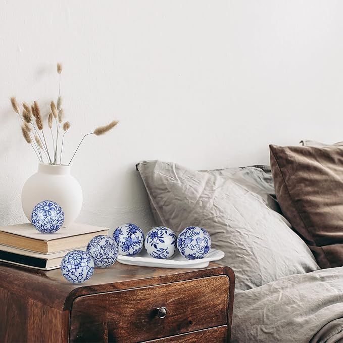 Vesici 9 Pcs Blue and White Porcelain Balls Decorative Chinoiserie Orbs for Centerpiece Bowls China Ceramic Balls Farmhouse Basket Tray Vases Decoration Gifts for Dining Table Holiday(Leaf Style)