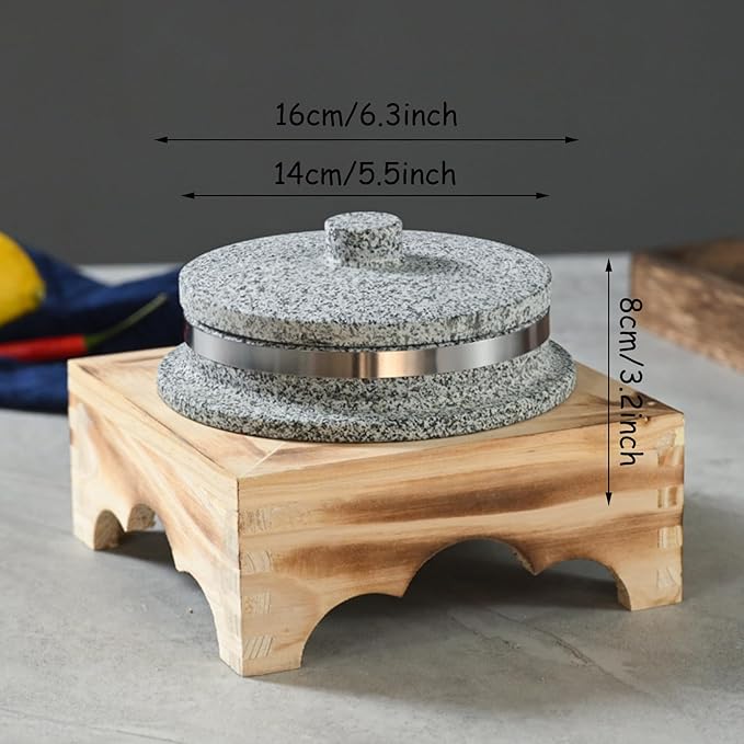 Bibimbap Bowl with Lid, Korean Stone Bowl Cooking Pot with Wood Tray, Natural Stone Bowl Hot Pot for Korean Restaurants, Soup, Rice, Stew,16cm/6.3inch
