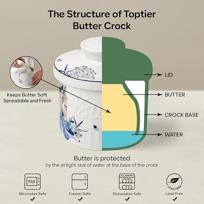 Toptier Butter Crock for Counter With Water Line, On Demand Spreadable Butter, Ceramic Butter Keeper to Leave On Counter, French Butter Dish with Lid, (Blue and White Beauty)