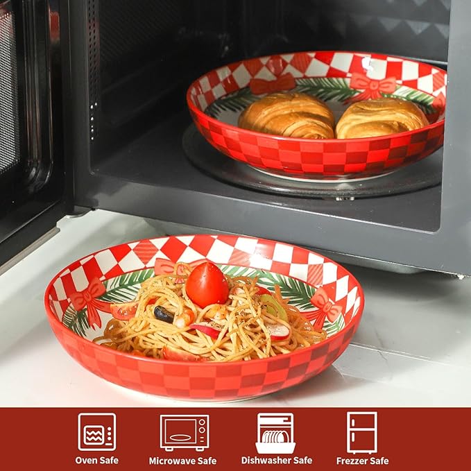 HASENSE Pasta Bowls Set of 4, 38 Ounce Ceramic Salad Serving Bowl for Kitchen,8.8 Inch Large Shallow Bowls for Pasta Soup Salad Dinners,Christmas Holiday Gatherings,Dishwasher & Microwave Safe