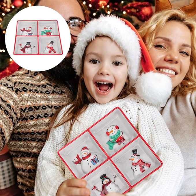 DOITOOL Christmas Ceramic Serving Dish Snowman Snack Appetizer Tray Dessert Platter Square Divided Serving Platter for Xmas Holiday Dining Table Decoration - 7.66 x 7.66 x 1.18inch