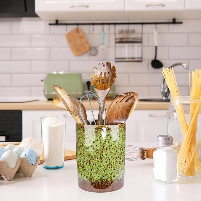 Utensil Holder, Green Ceramic Kitchen Utensil Holder for Countertop, Large Cooking Utensil Crocks for Kitchen Counter, Morden Utensil Organizer for Spatula, kitchen Decor
