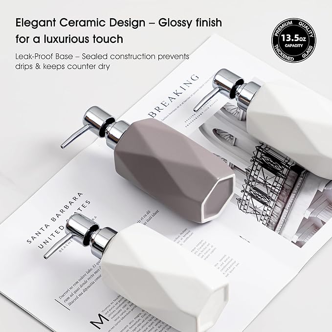 Soap Dispenser, 13.5oz Ceramic Soap Dispenser Bathroom for Kitchen & Bathroom Set of 2 (White, 2 Pack)