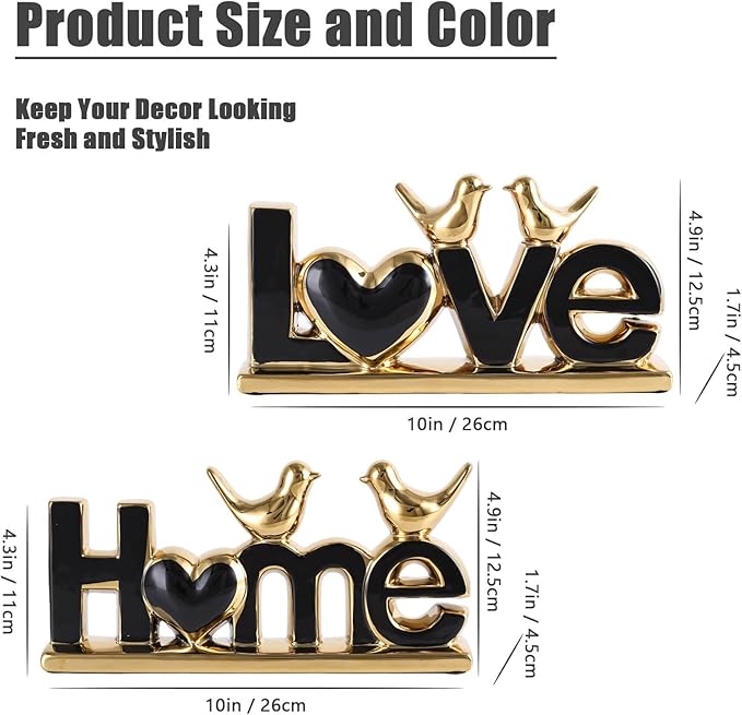 Ceramic Love & Home Sign Decor with Bird Statues Set 2,10" Modern Black Gold Tabletop Sculptures for TV Stand,Floating Shelf & Entryway,Romantic Wedding & Warm Housewarming Gift Set (Black)