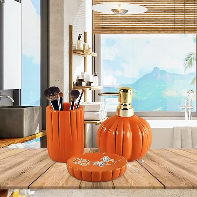 Pumpkin Bathroom Accessories Set, Orange Bathroom Fall Decor, 3PC Ceramic Bathroom Sets Complete, Toothbrush Holders, Soap Dispenser, Soap Dish, Bathroom Organizer for Countertop