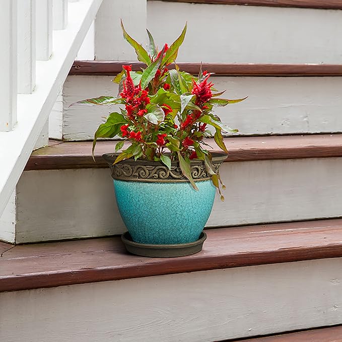 Southern Patio Cadiz 8 Inch Round Crackled Ceramic Indoor or Outdoor Garden Planter Pot with Saucer for Flowers and Plants, Teal (3 Pack)