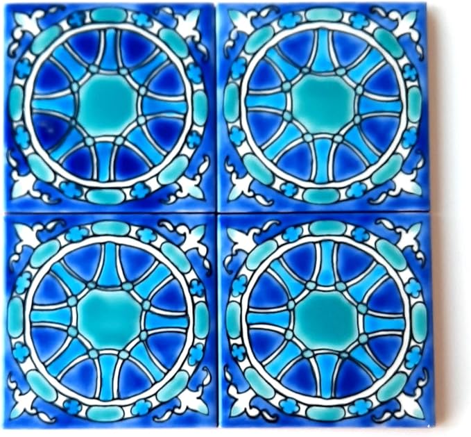 DŸARI Decorative Ceramic Tiles – Hand Painted Indoor & Outdoor Floor Tiles – Spanish Artisan Tile Top Kitchen – Mediterranean Decorative Tiles 4” × 4” – Durable Colorful Floor Tiles – 140 g (Eau V 3)