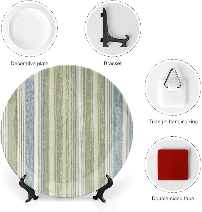 Christmas Plates Ceramic for Display Spring Sage Green Stripes Housewarming Gifts Art Decoration Supplies Wall Art Hanging Plate with Display Stand Personalized Gifts for Men Women, 6", 7", 8", 10"