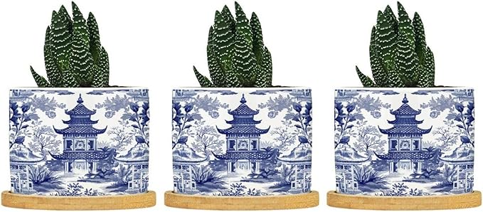 Chinoiserie Blue Asian Ceramic Planters Chinoiserie Chic Asian Snake Plant Live Indoor with Pot with Drainage Holes and Saucers Pot for Home Desktop Office Windowsill