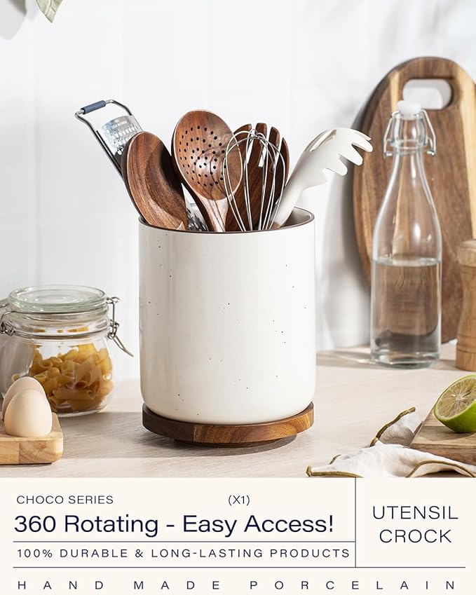 getstar Extra Large Rotating Utensil Holder for Kitchen Counter, 7.9" Ceramic Utensils Crocks Set for Countertop Large & Small Utensil Organizer for Spatula Farmhouse Kitchen Decor