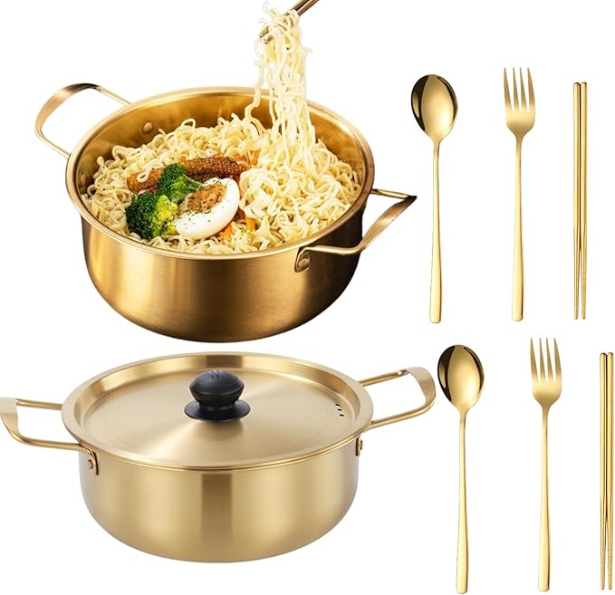 Korean Ramen Pot With Lid, 2 Pack Korean Noodle Cooker, Korean Pot Stainless Steel Cooking Pot for Soup, Pasta, Dishwasher Safe (7", 7.9")