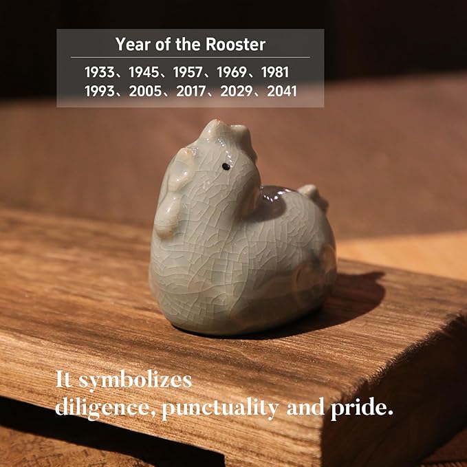 12 Chinese Zodiac Tea Pet, Unique Crackle Ru Porcelain, Traditional Chinese Cultural Tea Accessory, Asian Home & Office Decor, Gift for Tea Lovers & Anniversaries (Rooster 1pc)