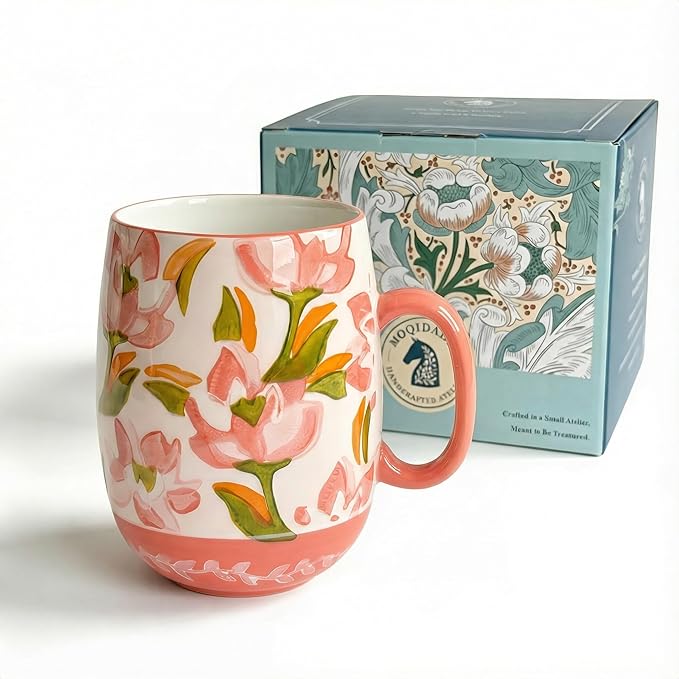 Large 24oz Ceramic Coffee Mug with Handle for Coffee or Tea, Hand-Painted Floral Pottery Mug for Women, Durable Microwave & Dishwasher Safe, Christmas Gift for Family, Holiday & Fall Decor