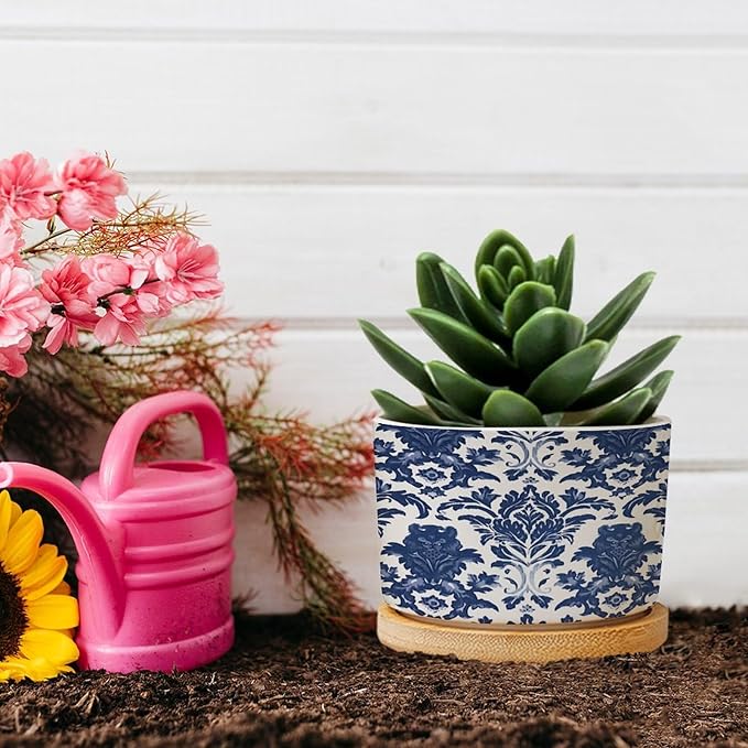 Blue Regalia Lion Planter Ceramic Chinoiserie Geometric Print Round Plant Pot with Drainage Holes and Bamboo Tray Pot for Indoor Outdoor Garden