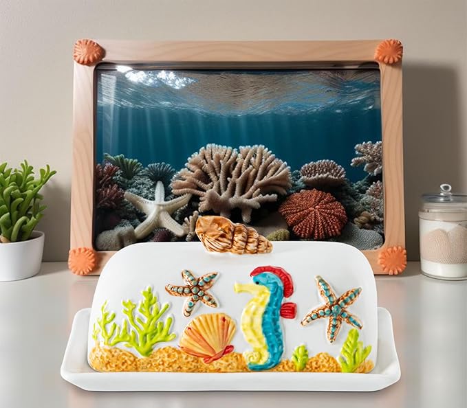 Ocean Theme Butter Dish With Lid For Countertop With Conch Scallop Starfish Seahorse Coral Decoration Funny Butter Container Cute Butter Dish Ceramic Mantequillera Butter Holder Tropical Beach Theme