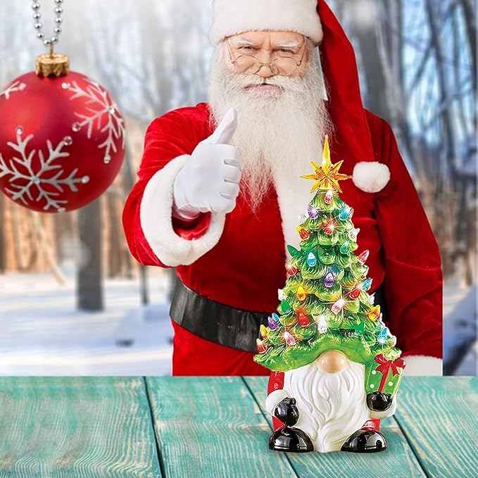 Lighted Ceramic Gnome Christmas Tree, 8 Inch Glowing Tabletop Decor for Home Holiday Christmas Decorations