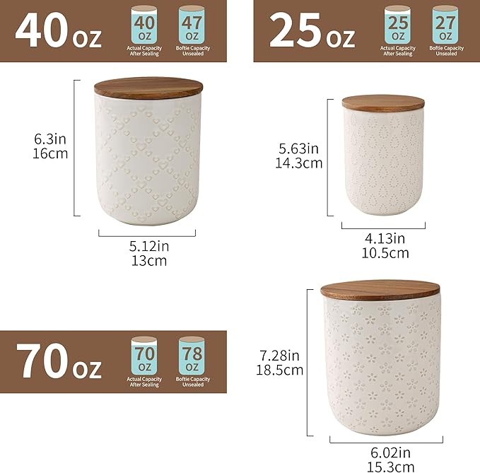 Canisters Sets for the Kitchen, White Ceramic Canister Set with Airtight Wood Lids, 3 Pcs Embossed Food Storage Jars Containers for Flour, Sugar, Spice, Coffee, Tea (70/40/25 oz)