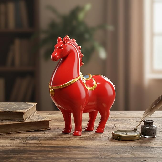 Horse Statue Chinese Ceramic Horse Figurine Red Tang Dynasty Style Sculpture Art Decor for Home Office Desk & Shelf, Ich Dekor
