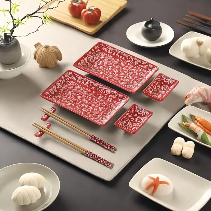 10 pcs Japanese Sushi Plate Sets Serving Platters and Trays for Entertaining Sushi Dishes Set Plates Sushi Plates Traditional Cuisine Dinnerware Sets with Chopsticks Hundred Family Names