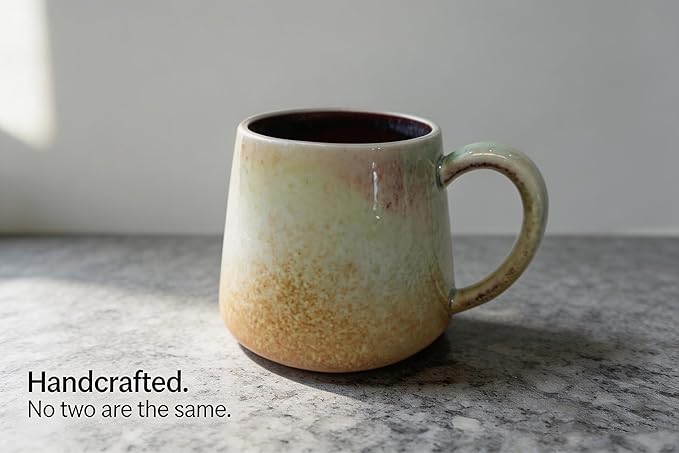 Handcrafted Ceramic Coffee Mug, 16 oz Unique Reactive Glaze Stoneware Mug, One-of-a-Kind Artisan Pottery Tea Cup, Tapered Anti-Slosh Design for Heat Retention, Gift Ready Packaging for Home Office
