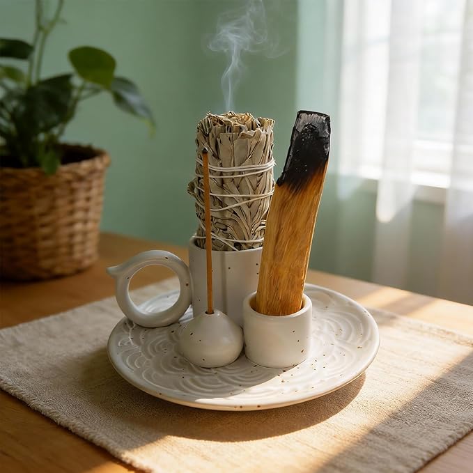 4-in-1 White Ceramic Palo Santo Burner & Holder - Versatile Candle and Smudge Tray for Incense Sticks, Cones, and Sage - Ideal Zen Meditation Altar Accessory for Enhanced Aromatic Experience