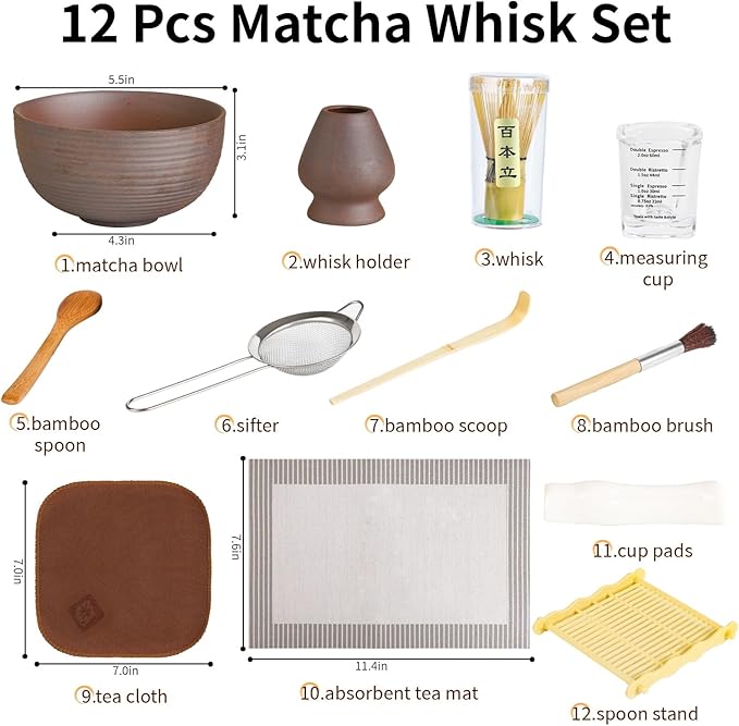12 Pcs Matcha Whisk Set - Matcha Set Includes Matcha Bowl and Cup, Matcha Kit for Ceremony Making Tools, Gift for Family/Friend （pottery）