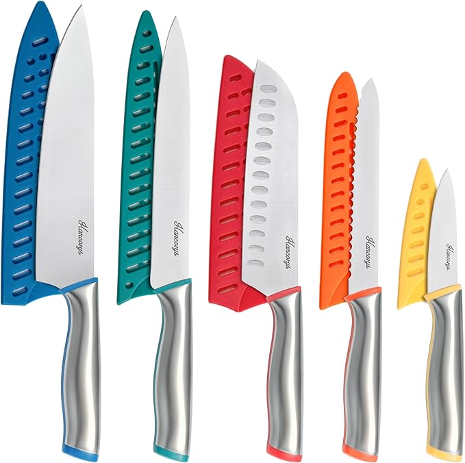 Knife Set, 11 Pcs Kitchen Knives Set, Enduring Razor-Sharp German High Carbon Stainless Steel Chef Knife Set with 5 Blade Guards, Perfect Holiday Gifts for Kitchen