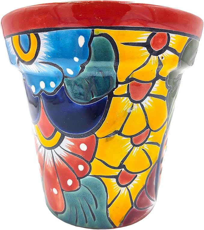 Cactus Canyon Ceramics Talavera Planter, Hand-Painted Mexican Traditional Ceramic Pot with Drainage Hole, Indoor Outdoor Rustic Botanical Terracotta, 7 Inch, Red Multicolor