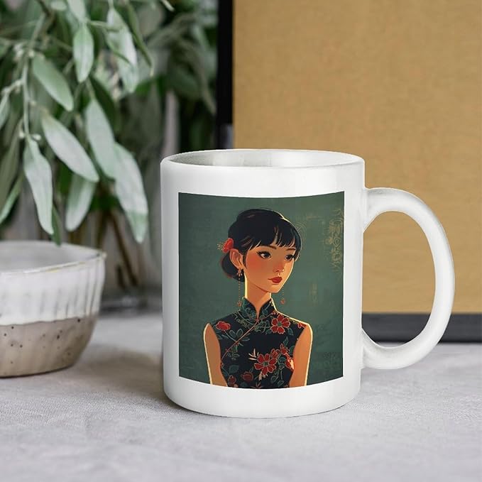 Asian Women Style Coffee Mugs Modern Ceramic Coffee Cups with Patterns Porcelain Tea Cups with Large Handles for Women Men Dishwasher And Microwave Safe
