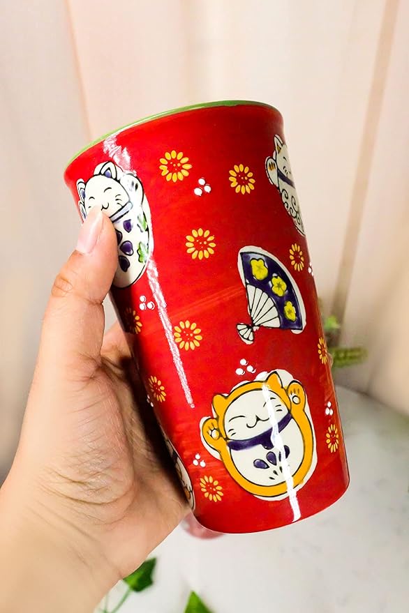 Ebros Oriental Japanese Design Double Walled Porcelain Ceramic Tall Hot Or Cold Drink Travel Mug Cup 12oz With Straw Or Sip Holed Cover Lid (Red Maneki Neko Lucky Cats)