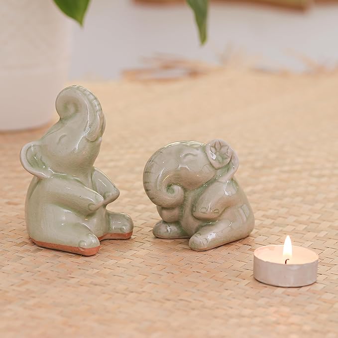 NOVICA Artisan Handmade Celadon Ceramic Statuettes Sculptures Pair Green Thailand Hemlock Limpet Shell Animal Themed Elephant [3.5in H x 3.2in W x 2.4in D 2.6in H x 3in W x 2.4in D] ' Happy Green